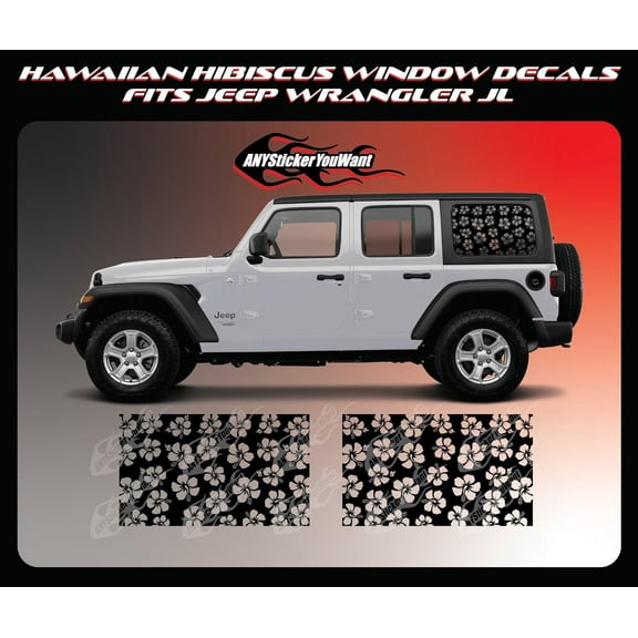 Hawaiian Hibiscus Window Decals Compatible with and Fits Jeep Wrangler JL 2018-2023 - Set of Two