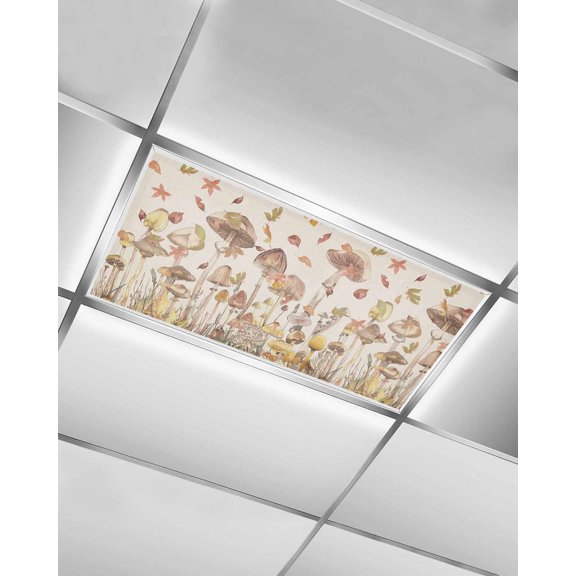 Fluorescent Light Covers for Ceiling Lights 1 Pack, Fall Mushroom Magnetic Ceiling Light Covers 2x4 Feet for Classroom Office School, Watercolor Maple Leaf Farmhouse Overhead Drop Ceiling Light Shade
