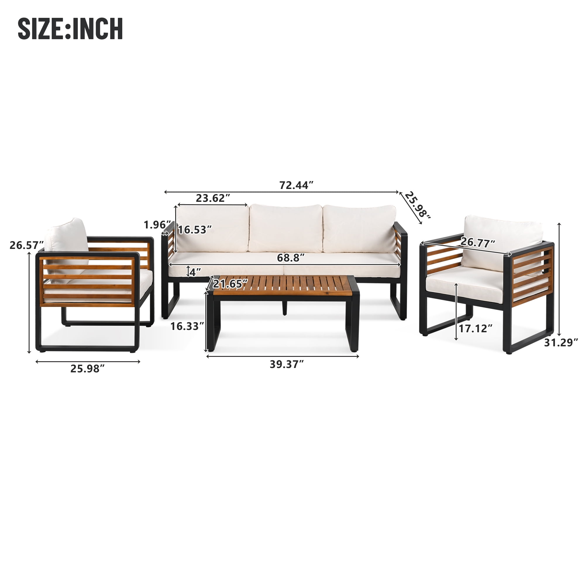 4-Piece Outdoor Furniture Set, Large Metal Patio Conversation Set with Cushion & Acacia Wood Tabletop, Beige