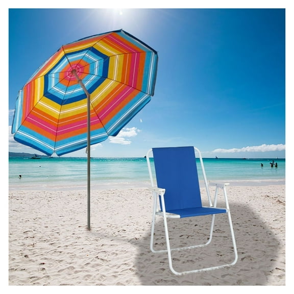Blue Folding Beach Chair - Portable Outdoor Camping Chair, Cloth Iron Frame, Lightweight Travel Chair for Fishing, Hiking, Picnic