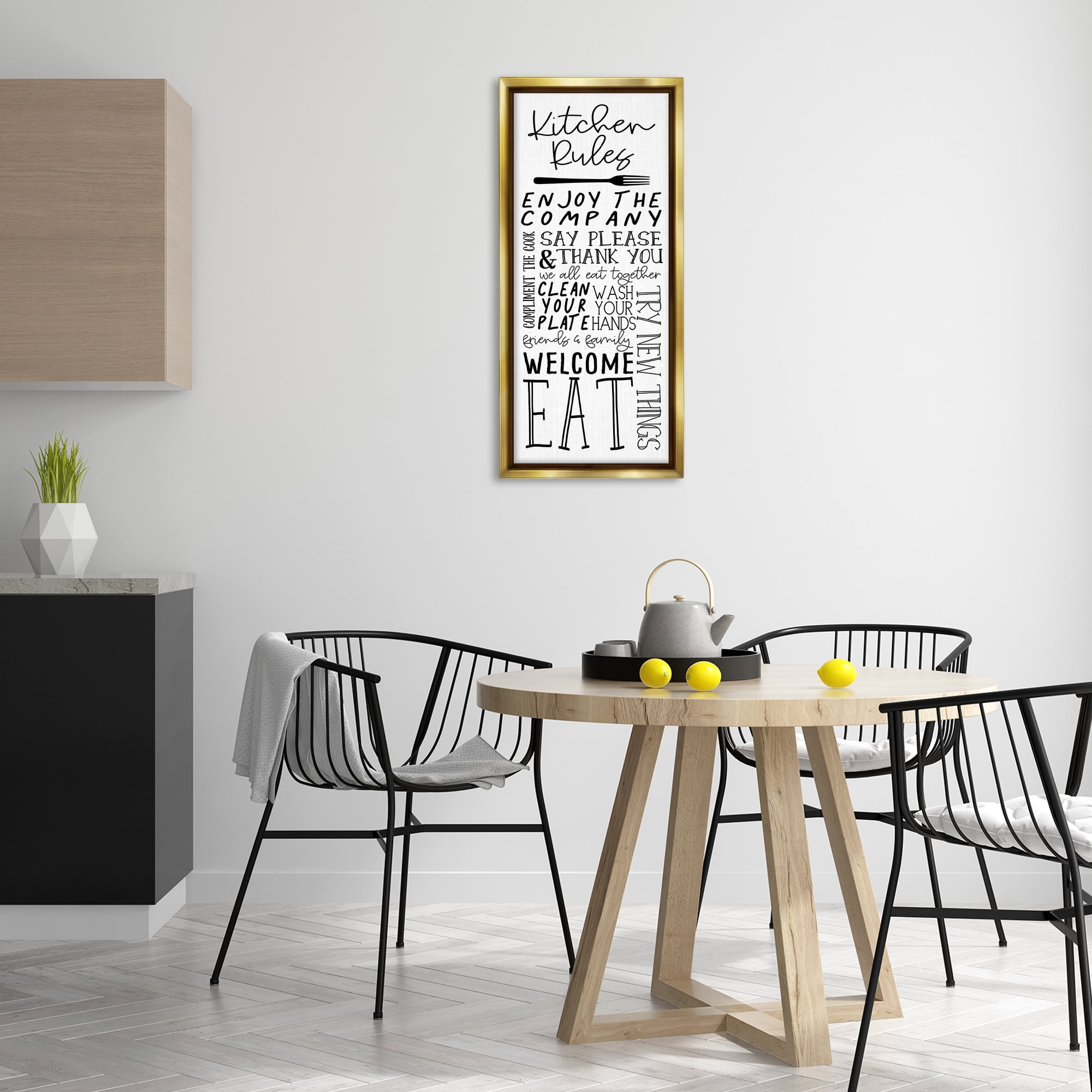 Stupell Industries Kitchen Rules Typography Food & Beverage Painting Gold Floater Framed Canvas Art Print Wall Art, 14 x 31