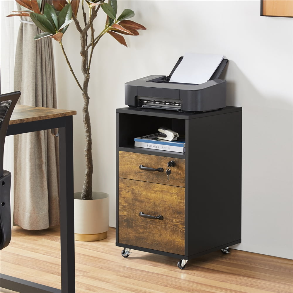 Yaheetech 2-Drawer Wooden Vintage File Cabinet with Wheels for Home and Office, Black/Rustic Brown