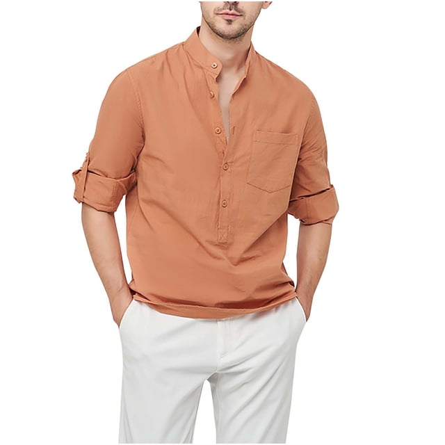 KIHOUT Chemises à Manches Longues pour Hommes Décontracté Col Rabattu Chandail Bouton Mode Décontractée Coton-Lin Tops RG/TG