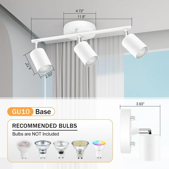 UGUCYUI-LED 3 Light Track Lighting Kit, White 3 Way Ceiling Spot Lighting, Flexibly Rotatable Light Head for Kitchen, Living Room, Bedroom, GU10 Bulb Not Included