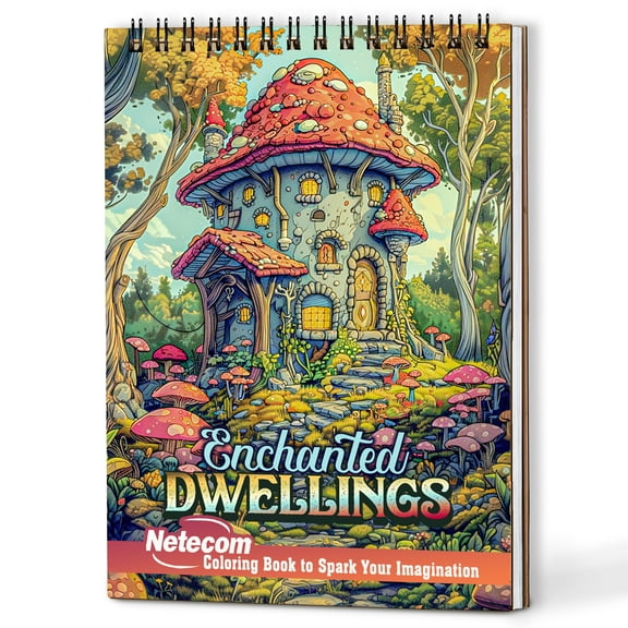 Netecom Enchanted Dwellings Coloring Book Spiral Bound for Adults, Wooden Cover, 30 Stunning Coloring Pages of Fantasy Fairy Homes in fanciful World for Stress Relief and Relaxation