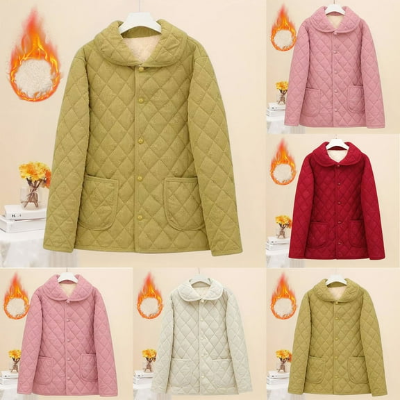 Maqroz Womens Winter Coat Fleeced Lined Warm Jackets Lapel Button Down Jacket Casual Plus Size Quilted Coats Solid Color Padded Stylish Outerwear with Pockets