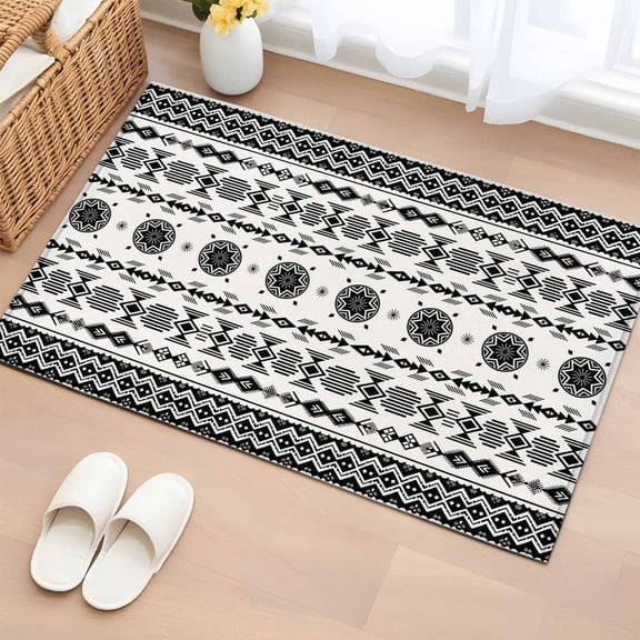 Black White Boho Entryway Rug 2'x3' Non Slip Front Door Mats, Vintage Abstract Art Ethnic Tribe Entrance Rugs Indoor Outdoor Carpet, Washable Floor Mats Small Area Rug for Bedroom Kitchen