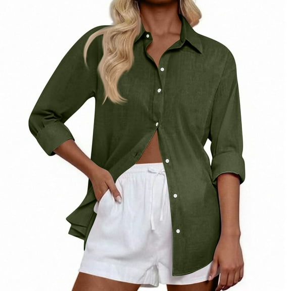 Effortless Solid Color Everyday Shirt, Long Sleeve Button-Up Top with Airy Loose Fit & Moisture-Wicking Comfort Technology,Army Green L