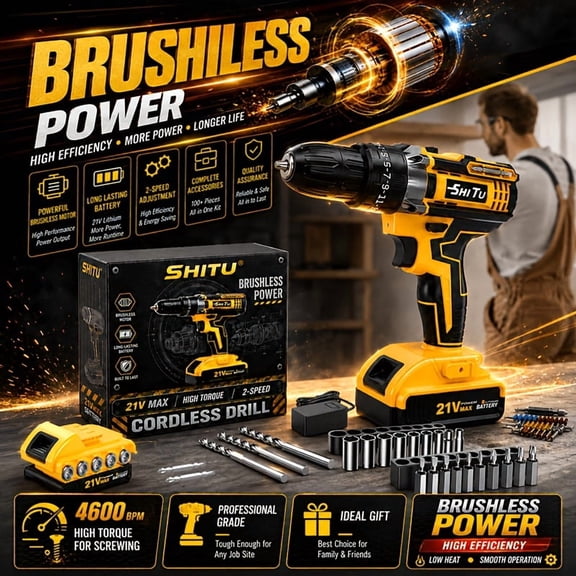 DGB Multipurpose Brushless Cordless Power Drill, Rechargeable Lithium‑Powered Drill Driver, Ergonomic Wireless Hand‑Tool For DIY, Construction And Repair Work