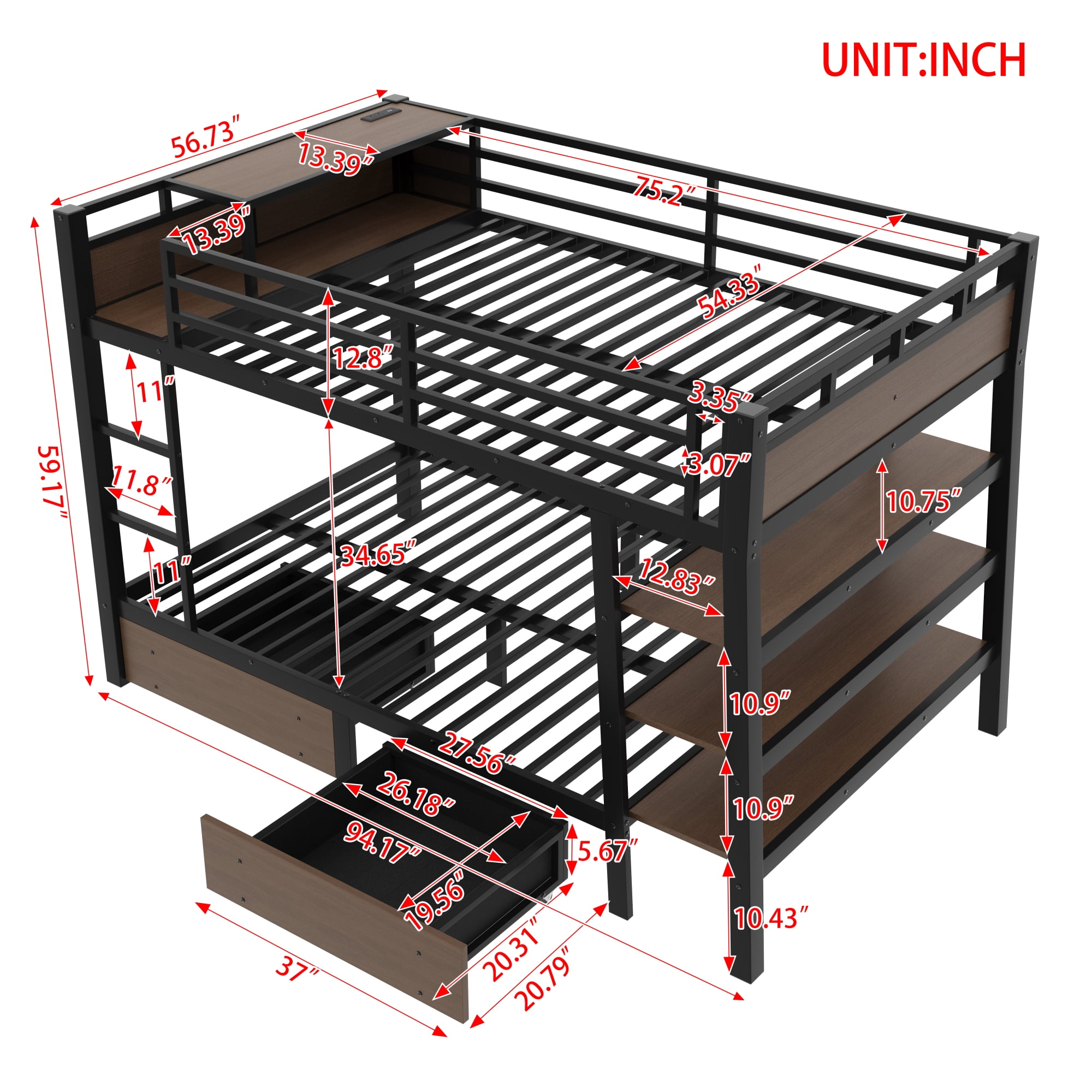 Leumius Full Size Metal Bunk Bed with 2 Storage Drawer,Heavy Duty Metal Bed Frame with Storage Shelves , LED light Strip and USB Power Strip,Black