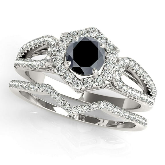 1.50 Ct Halo Blue Diamond Engagement Rings - Bridal Set - 14K Gold