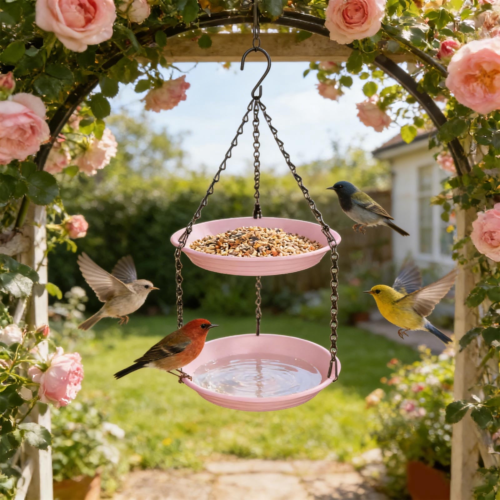 Double Layer 2-in-1 Hanging Bird Feeder with Water Basin, Weather Resistant Plastic Outdoor Wild Bird Feeding Station for Garden, Backyard, Pink