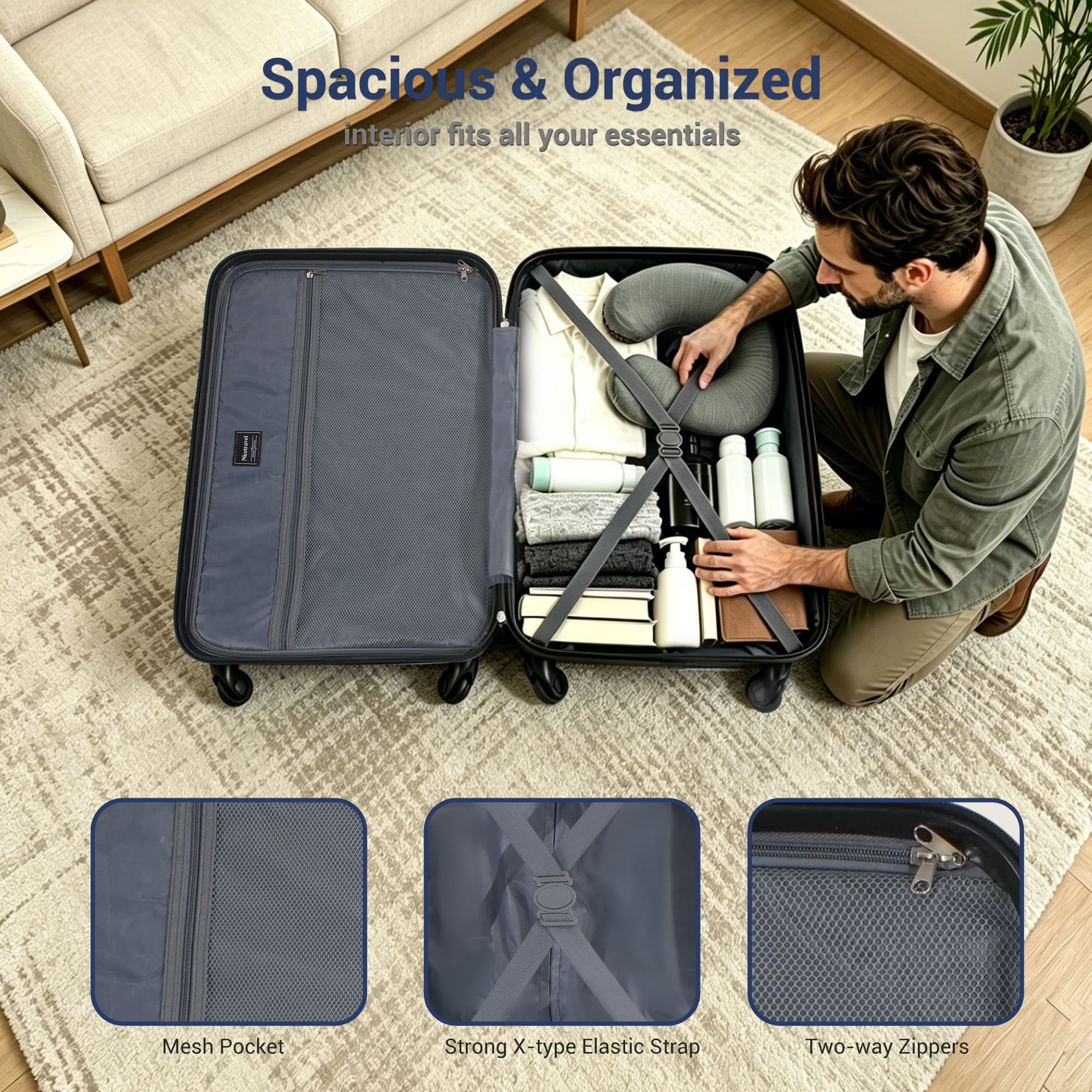 NiceTravel Luggage Set (20/24/28 inch),Hard-shell suitcase with Cup Holder(20"), Combination Locks & 360° Spinner Wheels, Blue
