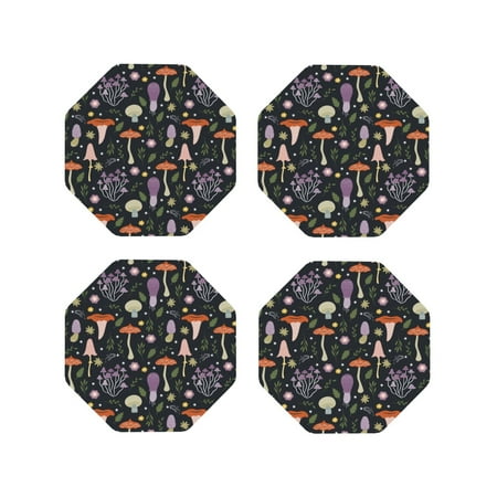 

Tebeau Mushrooms Print Set of 4 Leather Drink Coasters Round Cup Mat Pad for Home and Kitchen Use 4 -Octagon