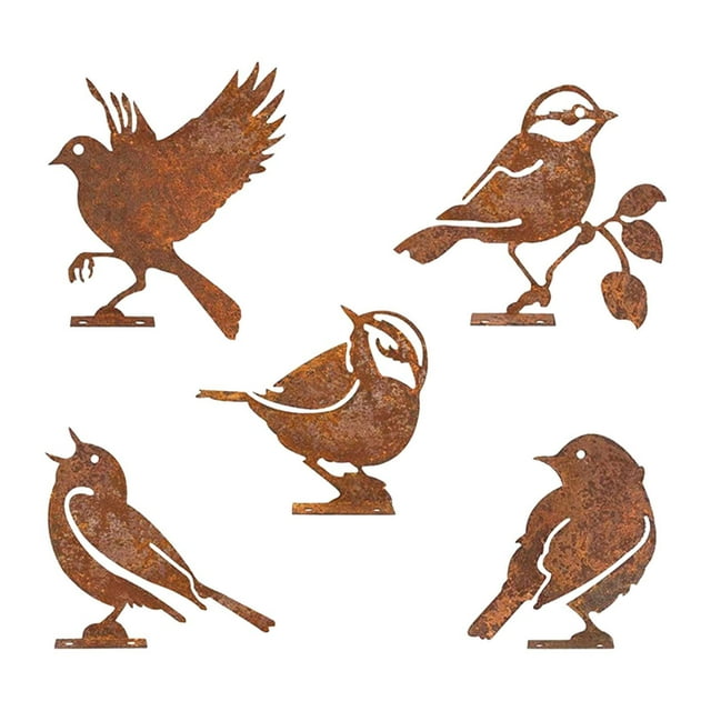 5 estatuas de pájaros de hierro, estatuas de jardín, accesorios fotográficos realistas, pájaros de hierro oxidado, adornos de jardinería de metal para Estilo A