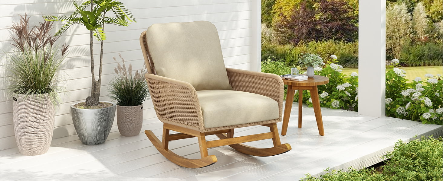 Euroco Modern Wicker Rocking Chair with Cushions, PE Rattan Patio Rocker with Wooden Frame for Indoor & Outdoor Use