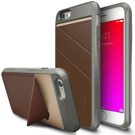 Ringke Edge Case Compatible with Apple iPhone 6s, Wallet Folding Kickstand PU Leather Cover with Hidden Card Holder - Brown