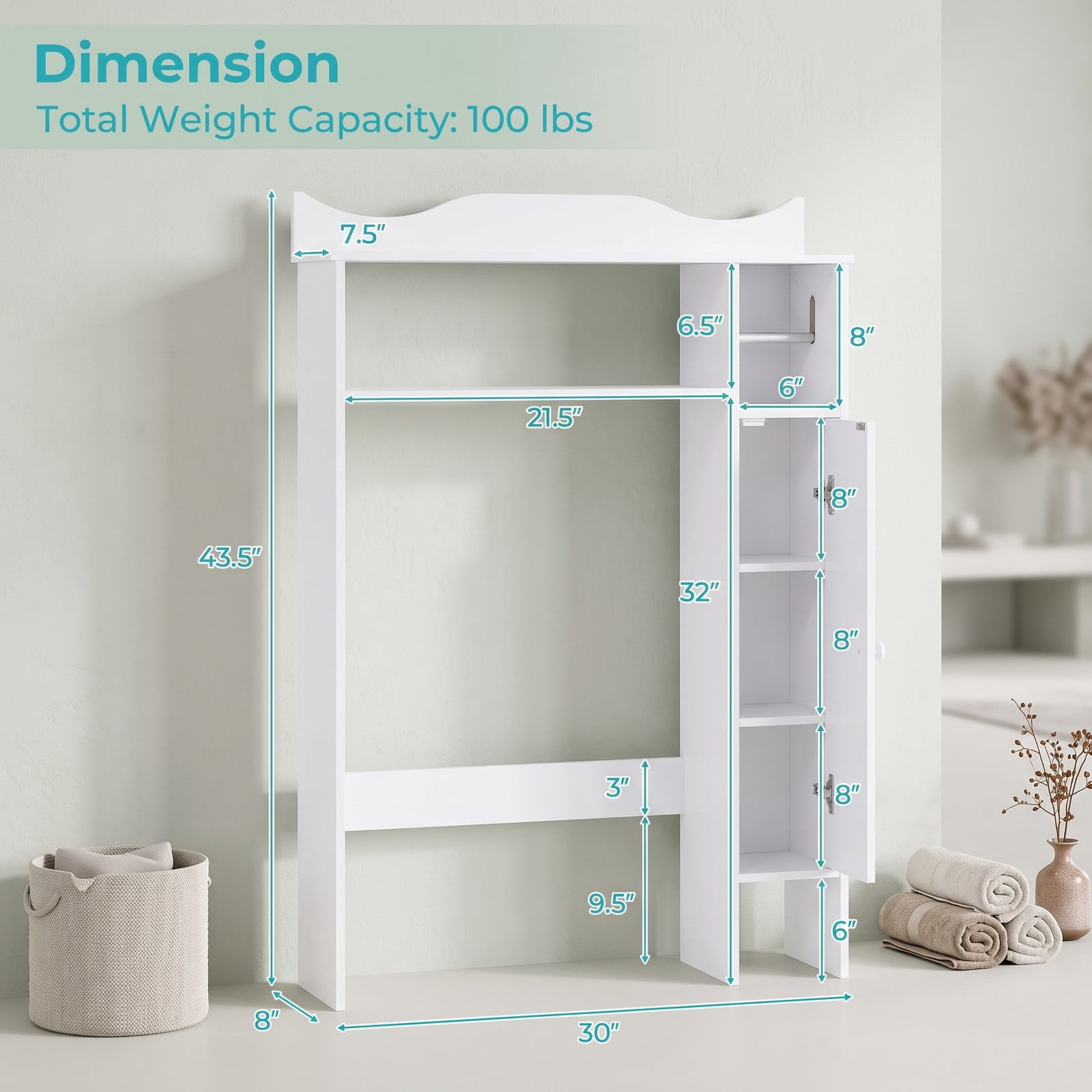 ALPULON Wood Over the Toilet Space Saver with Display Shelf Side Cabinet and Paper Holder for Small Bathroom Storage and Organization, White