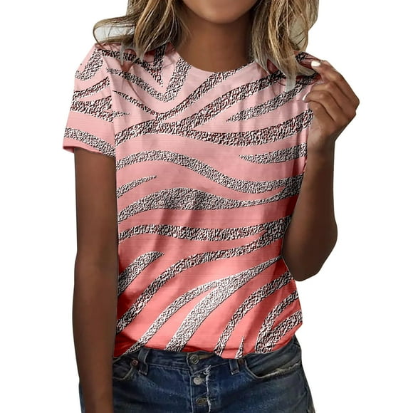 HBFAGFB T-Shirts for Women Crew Neck Gradient Print Short Sleeves Casual Summer Clothes Pink Size L