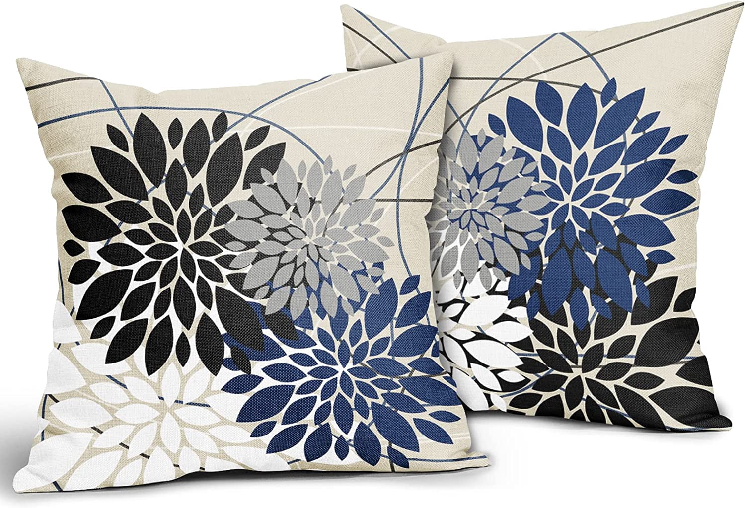 Black Blue Pillow Covers 18x18 Inch Dahlia Flower White Gray Elegant Colored Throw Pillows Farmhouse Outdoor Decor for Home Living Room Sofa Couch Bed Modern Floral Linen Square Cushion Case, Set of 2
