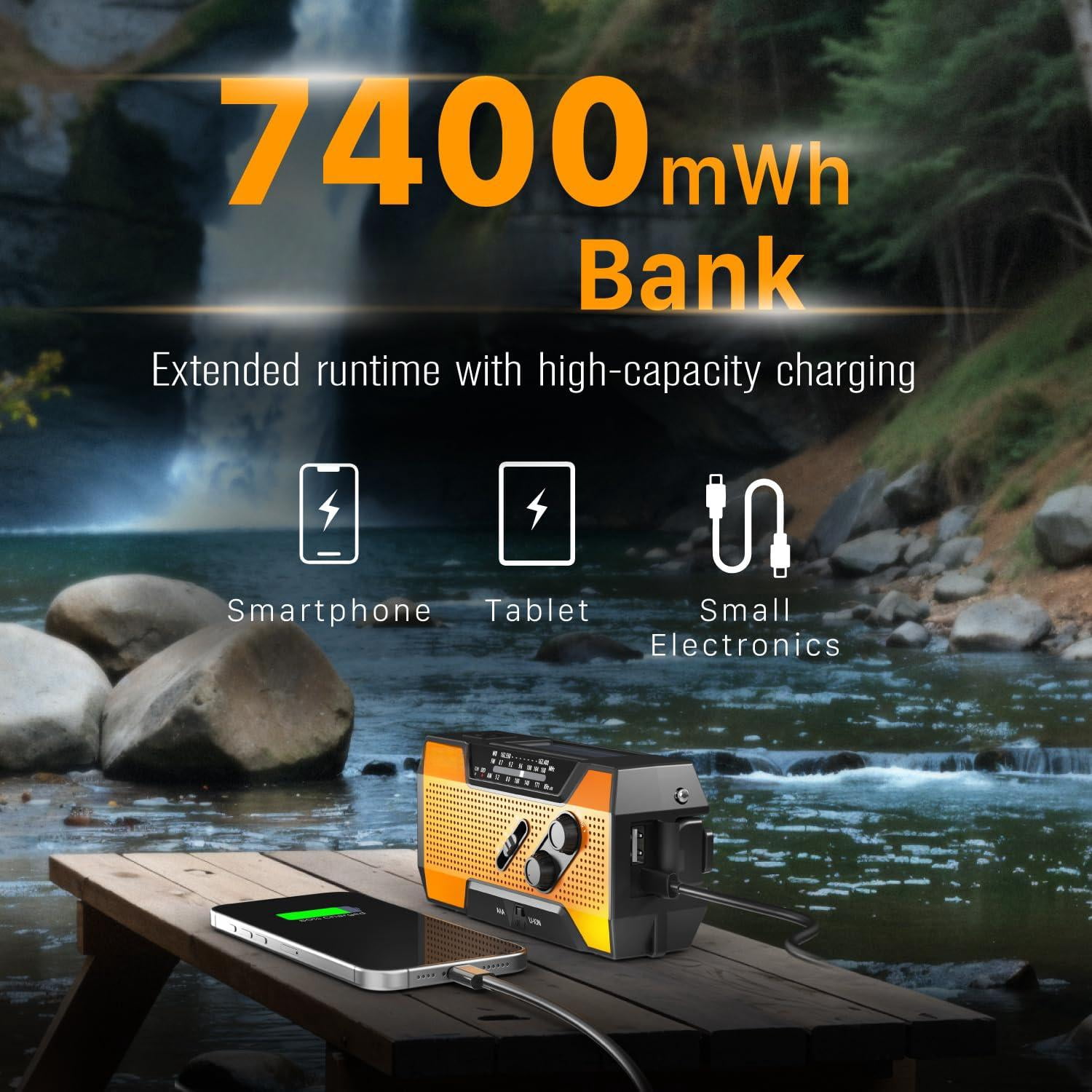 Noaa Emergency Weather Radio A1 7400mwh Portable Power  Am/fm Usb/solar/hand Crank Charging Operated Sos Alarm & Flashlight For Indoor/outdoor - Orange