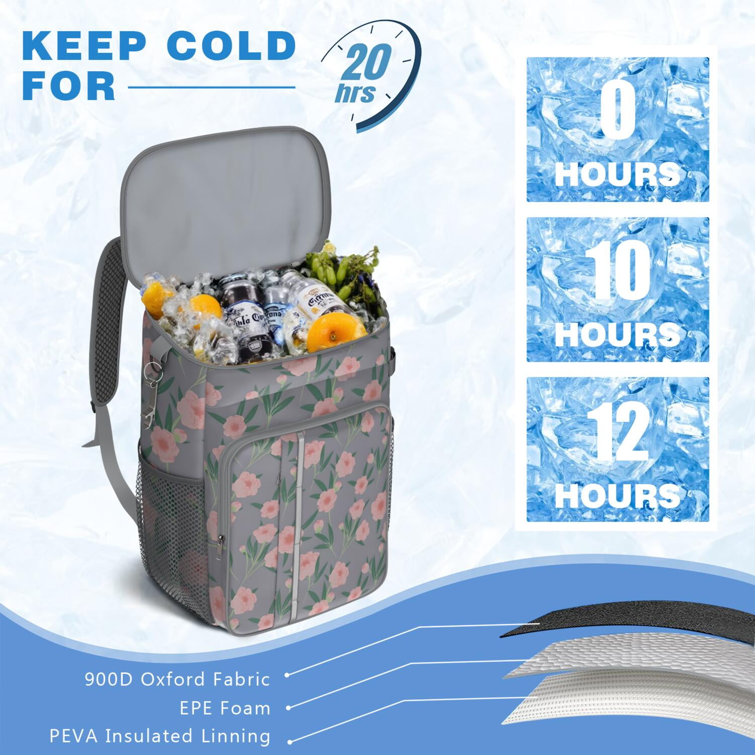 Travel Cooler Bag - Pioneer Flower Floral Print Pattern Camping Beer Cooler Backpack with Bottle Opener- Waterproof Insulated Picnic Backpacks - Cooler Bag for Beach