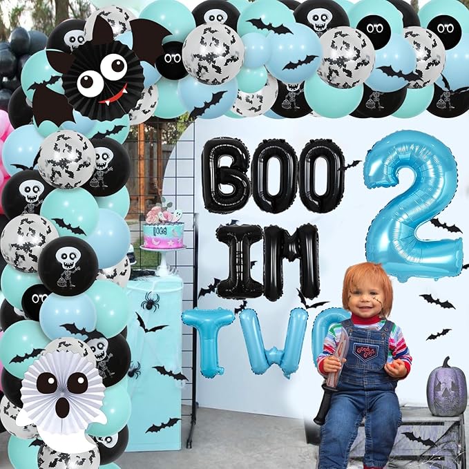 Halloween 2nd Birthday Party Decorations, Boo Im Two Decor Birthday Boy, Blue and Black Balloon Arch Kit, Ghost Number 2 Foil Balloons Bat Halloween Stickers for 2 Year Old Party