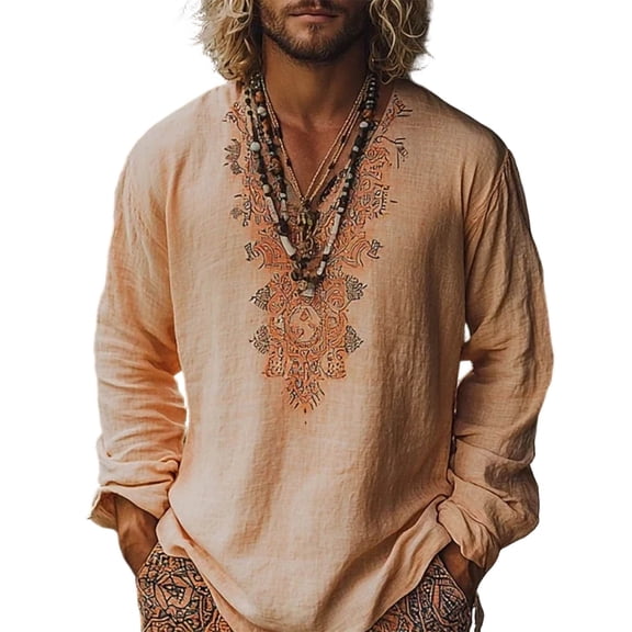 Men's Bohemian Style Printed Top Linen Long Sleeved V Neck Pullover Shirt Comfort Casual Summer Beach T Shirts Soft Loose Tops 2026