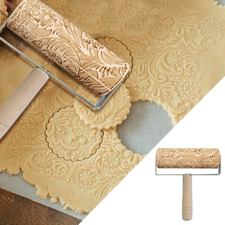 

WEPRO Kitchen Wood Rolling Pin Engraved Carved Embossed Christmas 3D Rolling Pin Tool