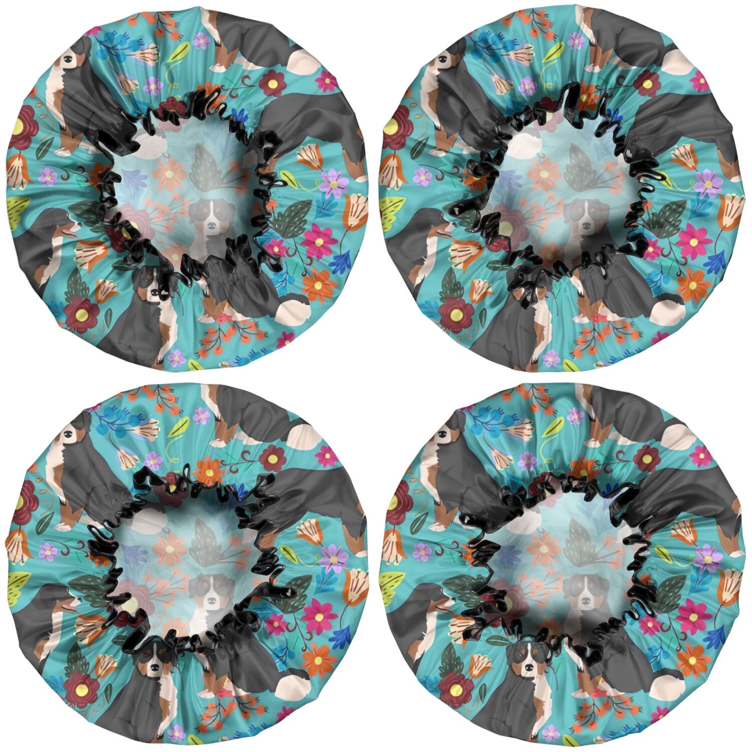 Shower Caps,Bernese Mountain and Flower Waterproof Shower Cap for Women 4 Pieces,Double Reusable Hair Cover for Shower PEVA Elastic Stretch Hem