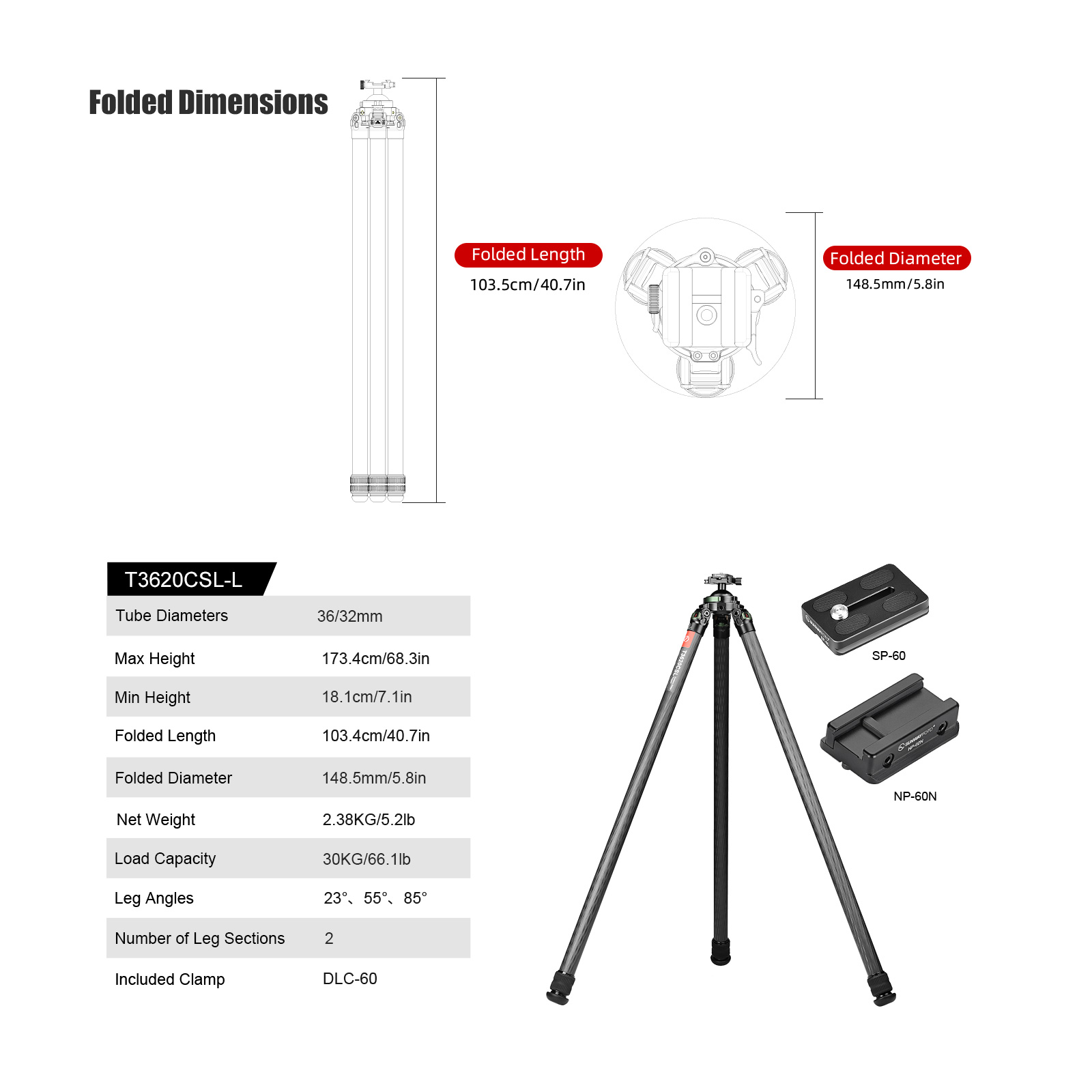 SUNWAYFOTO T3620CSL, 68” Tall Carbon Fiber Tripod with 65mm Hunting Ballhead for Rifle, 36mm Tubes Two Section