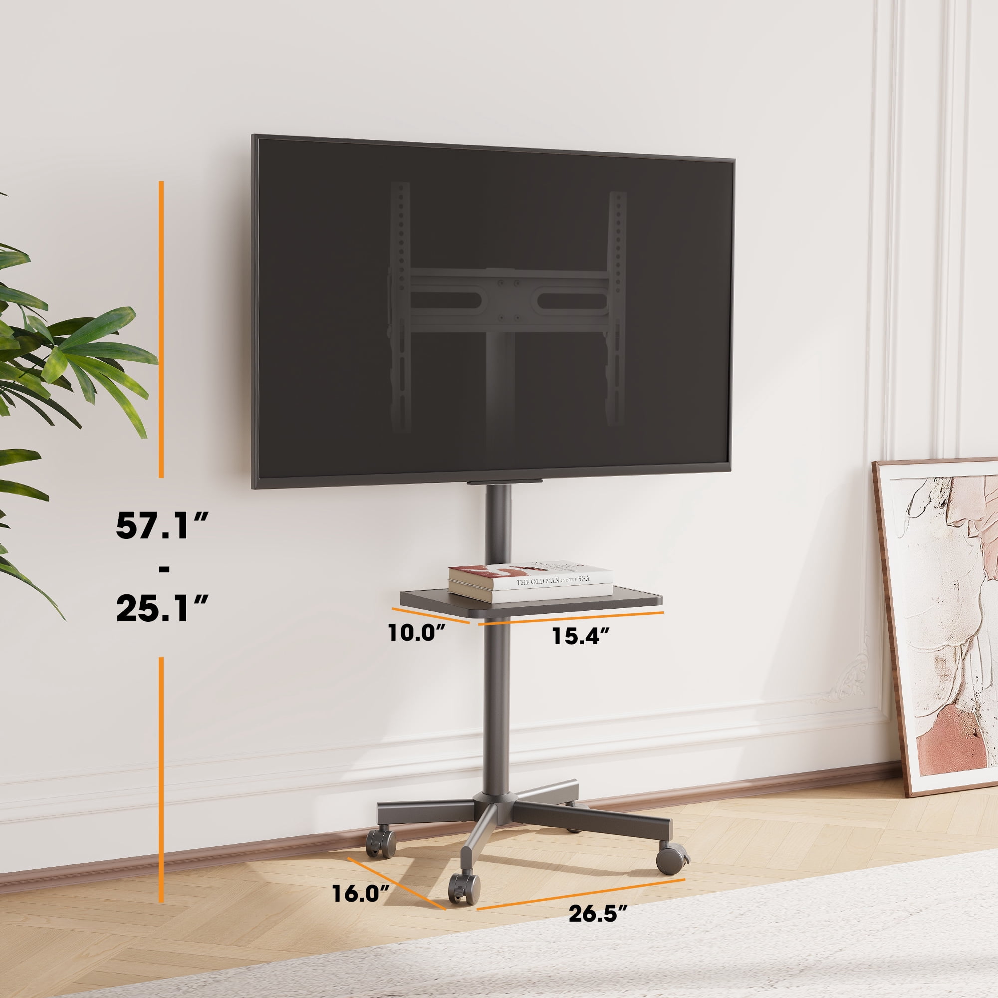 AOKCOS Modern Rolling TV Stand With Wheels Mobile TV Cart for 32 to 65 inch TVs with One Shelf,Black