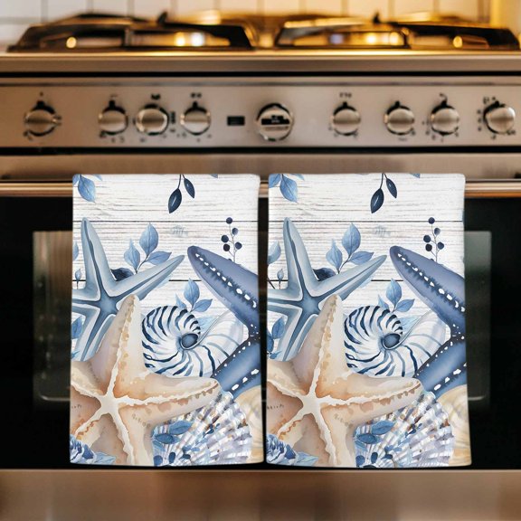 Blue Starfish Coastal Kitchen Towels Set of 3, Eucalyptus Summer Nautical Shell Wooden Absorbent Dish Towels for Kitchen, Microfiber Hand Towel, Quick Drying Tea Towel for Cleaning Dishcloths