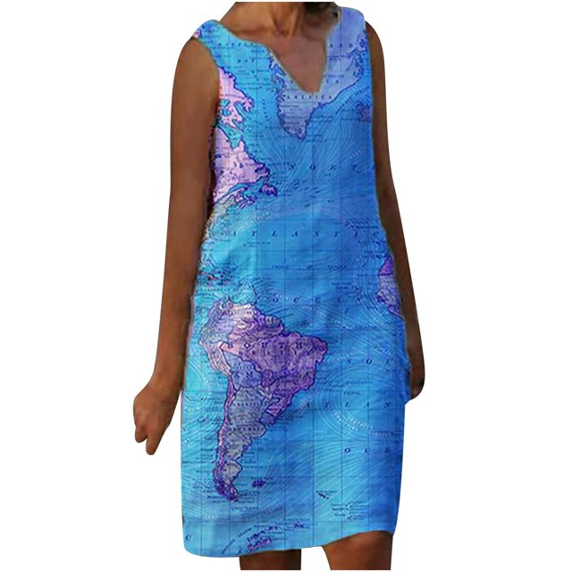 Birdeem Mode Femme Décontractée Grande Taille Robe Sans Manches à Col en V Imprimé Carte