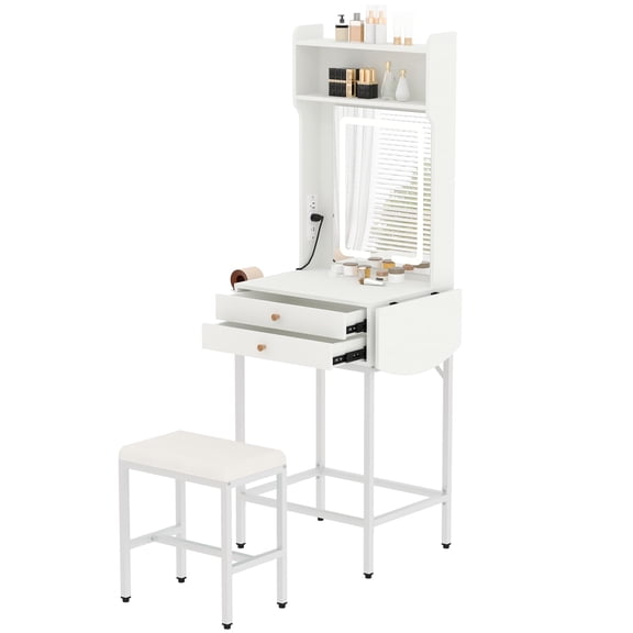 White Makeup Vanity Desk with Stool LED Lighted Mirror Charging Station Foldable Side Table 2 Drawers for Bedroom Small Spaces Apartment 20.8-29.4 Inch