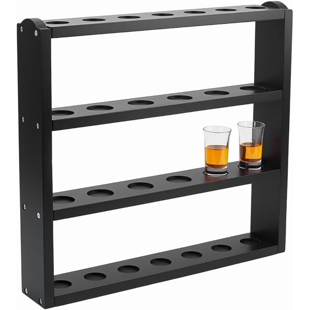 Exhibidor de vasos de chupito de madera, soporte para bar, colección de vasos de chupito, cuatro niveles, madera de pino, para fiestas familiares, bares y pubs, color negro, 43 x 40 x 7,5 cm