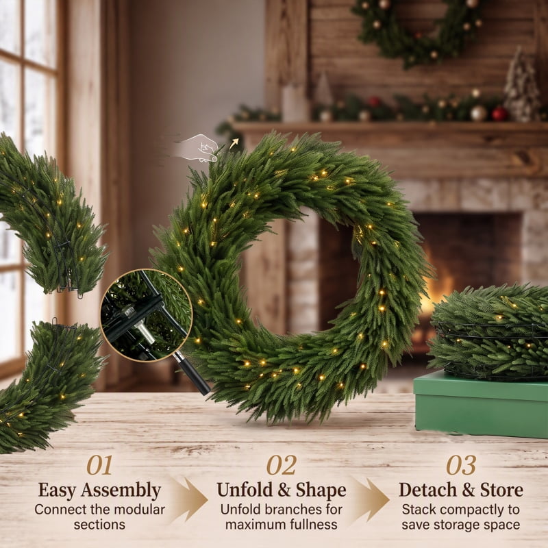 Alvantor Christmas Wreath Pre-Lit Norfolk Pine with 100 LED Lights 48"x48"x7.9" Green