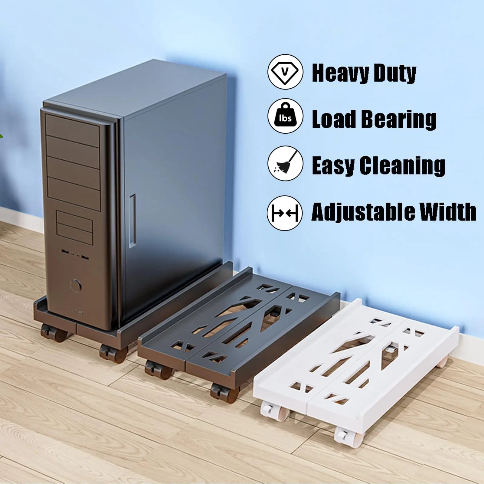 Mobile Computer Tower Stand with Adjustable Wheel Rolling PC Case Holder Enhances Cooling and Flexibility