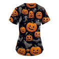 thumbnail image 3 of Camiseta de cuello en V con temática de Halloween para mujer con estampado de calabaza y fantasma, perfecta para celebraciones navideñas, 3 of 3