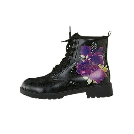 

Harsuny Ladies Work Non-Slip Short Bootie Fashion Lace Up Outdoor Comfort Floral Combat Boot Purple Rose 6.5