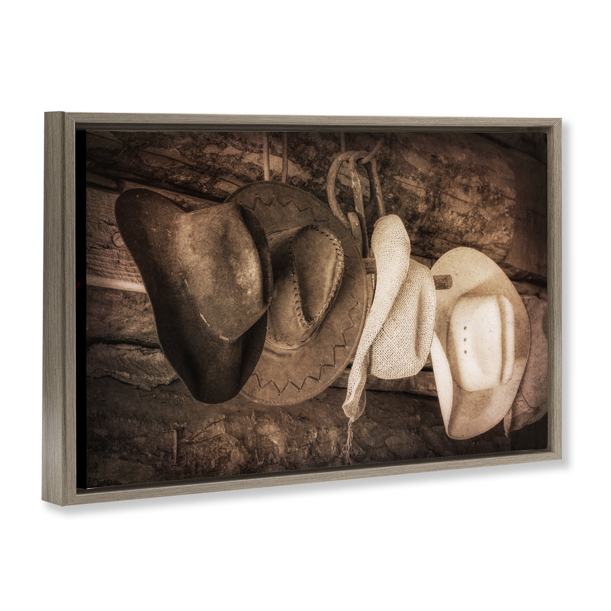 Stupell Industries Rustic Cowboy Hats Entertainment Painting Brown Floater Framed Canvas Art Print Wall Art, 31 x 21