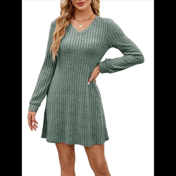 Vestido Tipo Suéter de Punto de Larga para Mujer, Estilo Túnica Informal con Cuello en V, Conjuntos de Moda para Otoño. Verde S
