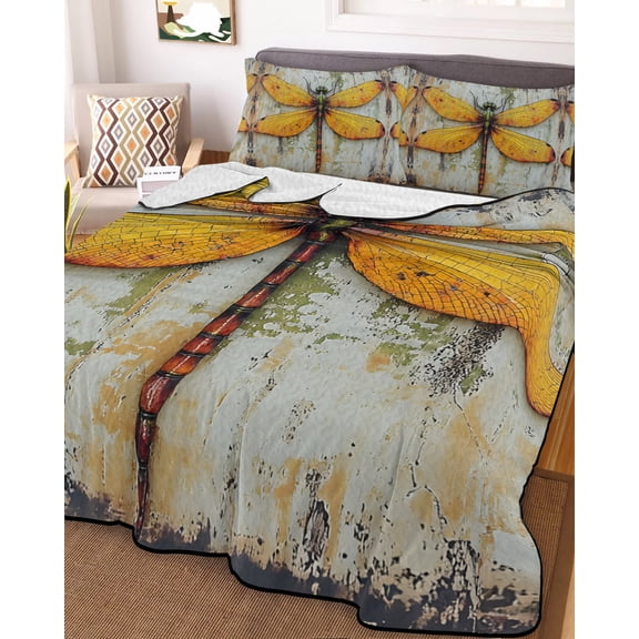Vintage Dragonfly Twin Size Down Alternative Comforter, Lightweight Comforter Quilt Bedding Set with Pillow Shams Spring Summer Abstract Oil Painting All Seasons Bed Comforter Duvet Insert 68"x86"