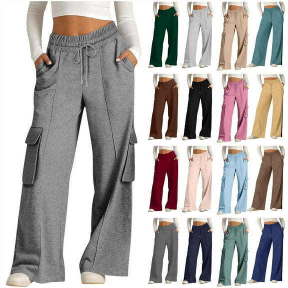 QATAINLAV Women's Baggy Wide Leg Sweatpants Fleece High Waist Multi Pockets Cargo Pants Solid Color Casual Drawstring Lounge Trousers, Pink, XL