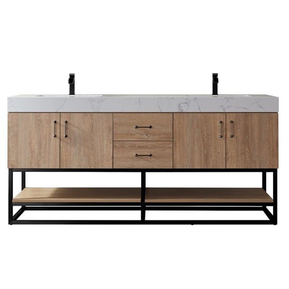 Pemberly Row 72" White Stone Top Oak Double Vanity Black Frame w/o Mirror