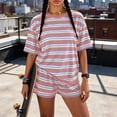 thumbnail image 3 of Cagogo Women Plus Size 2 Piece Shorts Set Striped Casual Summer Outfits Loose Round Neck Short Sleeve Tshirt Shorts Matching Lounge Sets Tracksuits Travel Airport Clothes, Pink 3XL, 3 of 9