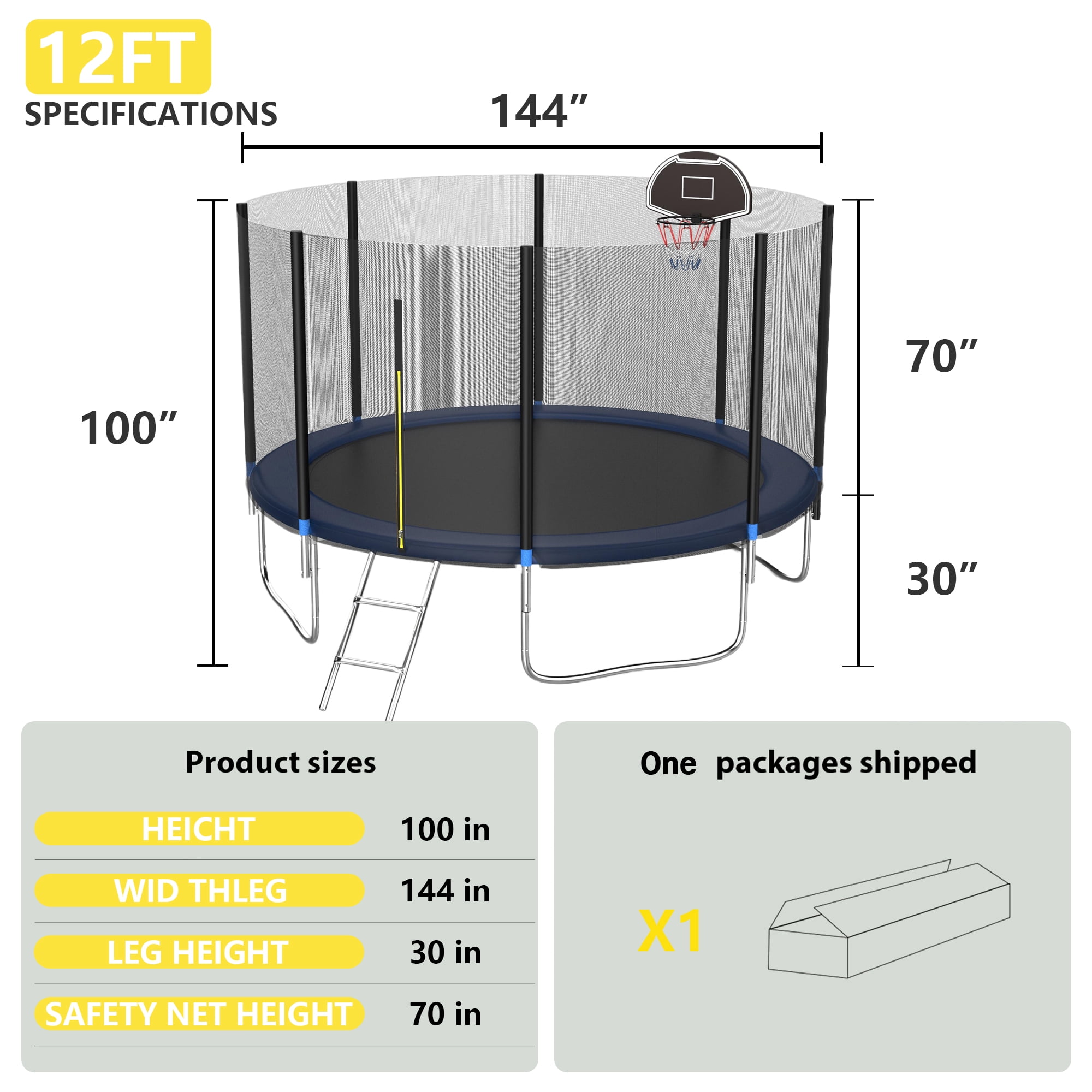 Shengchao Trade 12FT Trampoline with Safety Enclosure Net, ASTM Approval, and Basketball Hoop