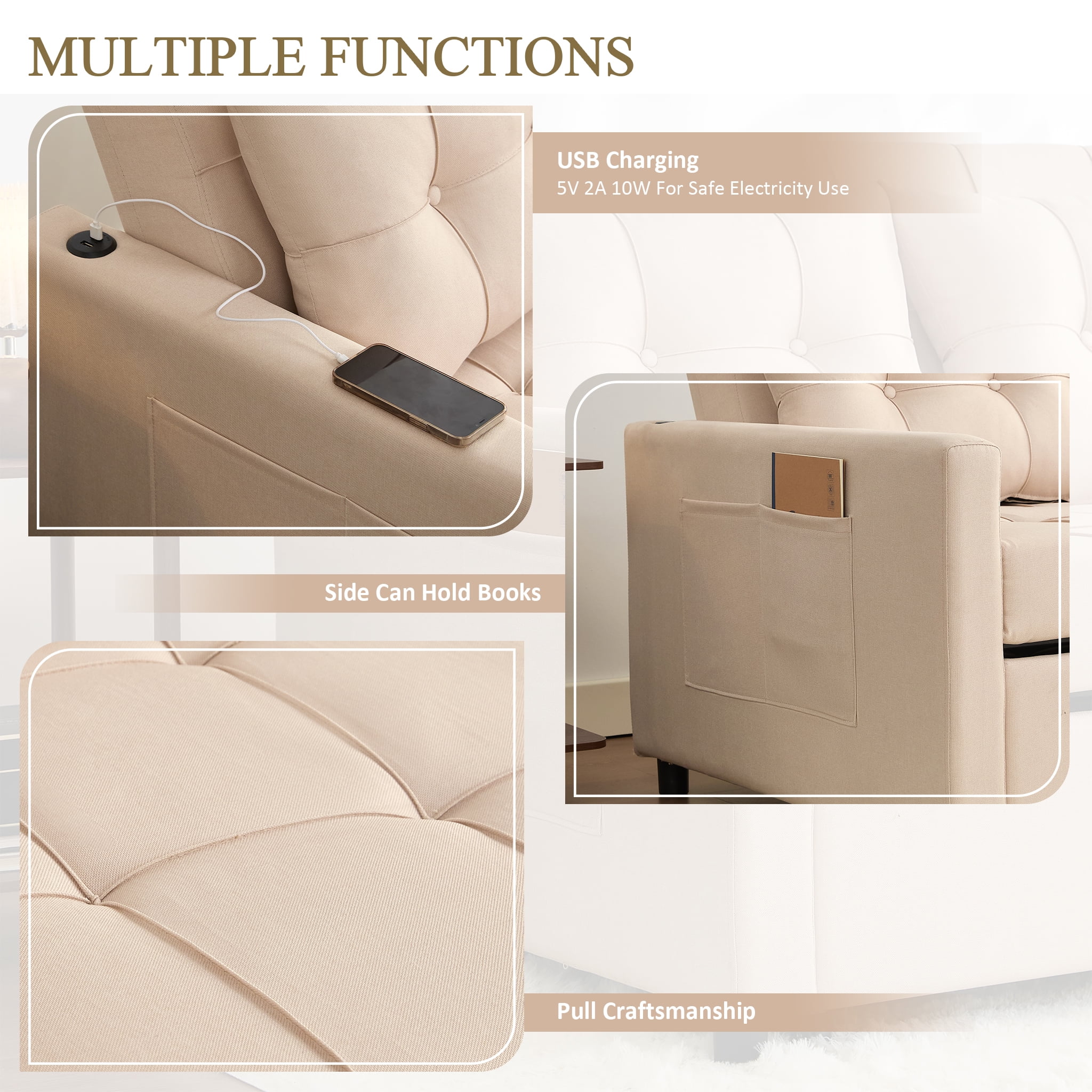 LAKPS 52" Linen 3-in-1 Convertible Sleeper Sofa with Pull-Out Bed, Stepless Adjustable Backrest & Side Pocket - for Family, Living Room, Dorm, Apartment, Linen, White