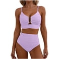 thumbnail image 2 of Minjewel Women's V-Neck Cutout High Waisted Bikini Two Piece Swimsuit,Textured Pleated Fabric with High Waist Bottoms,Sexy Beach Swimwear,Light Purple,XL, 2 of 6