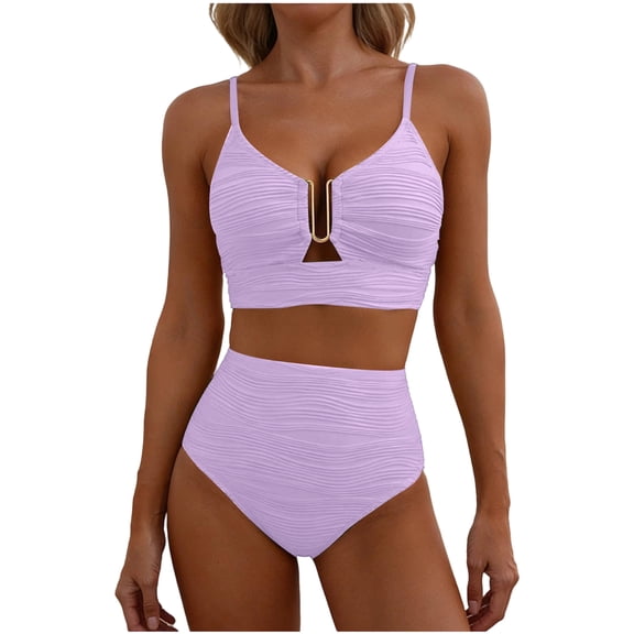 High Waisted Bikini Sets for Women 2026 Tummy Control 2 Piece Bathing Suit U-Wire Push up Texture Beach Swimsuit Light Purple XL